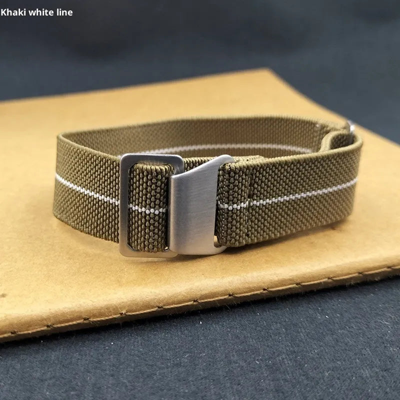 Nylon parachute watchband in green, blue, and black with silver buckle, 18mm 20mm 22mm widths