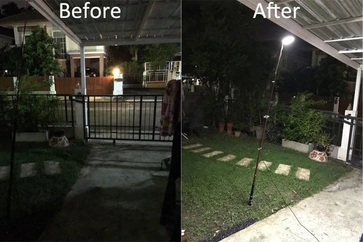 LED fishing rod light with telescopic pole extended, showing remote control and 12V power connection