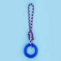 Braided cotton rope dog toy with knotted design in multiple colours, measuring 43cm long