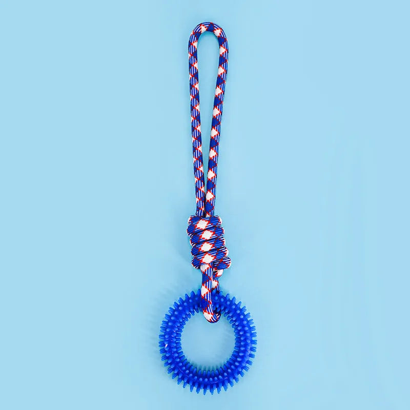 Braided cotton rope dog toy with knotted design in multiple colours, measuring 43cm long
