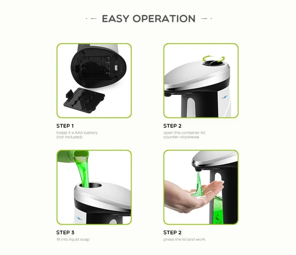 Black automatic touchless liquid soap dispenser with smart sensor, 400ml capacity, on a countertop