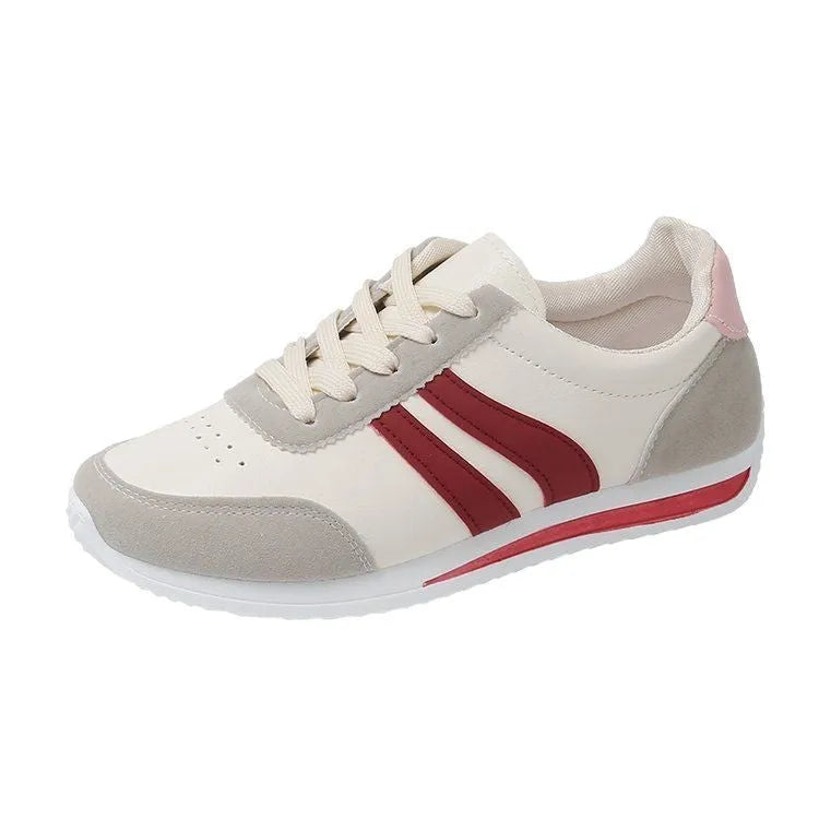 Red and blue lace-up running sneaker with soft rubber sole and PU mesh upper