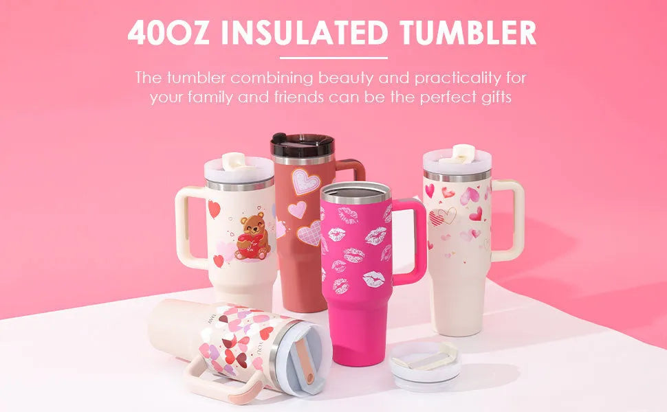 40 oz stainless steel insulated tumbler with handle and straw in multiple colours