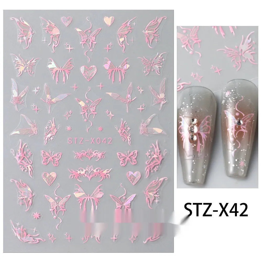 Pack of black and silver striped nail art stickers with cartoon and love pattern designs.