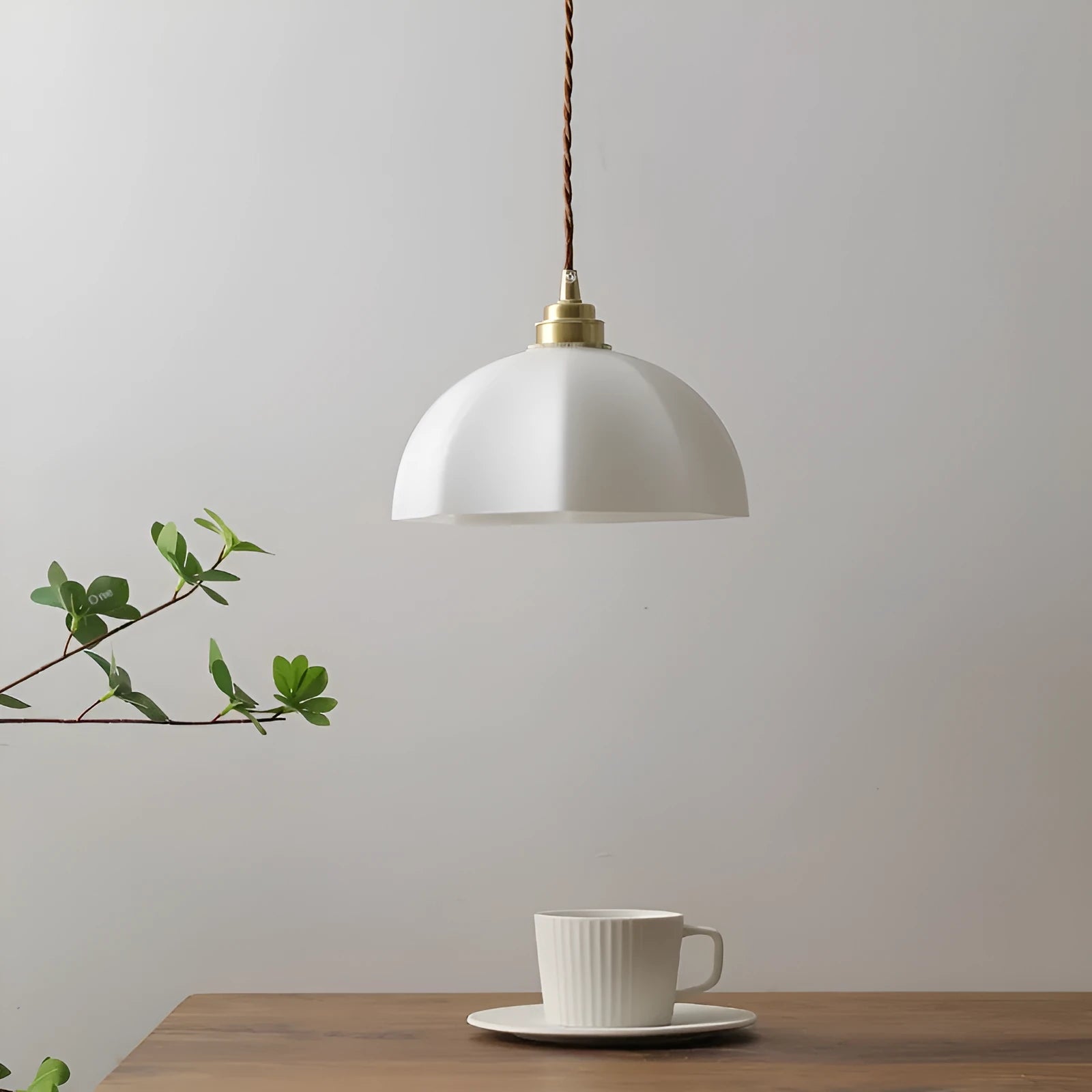 Brass small droplight with copper glass in a Chinese style design.