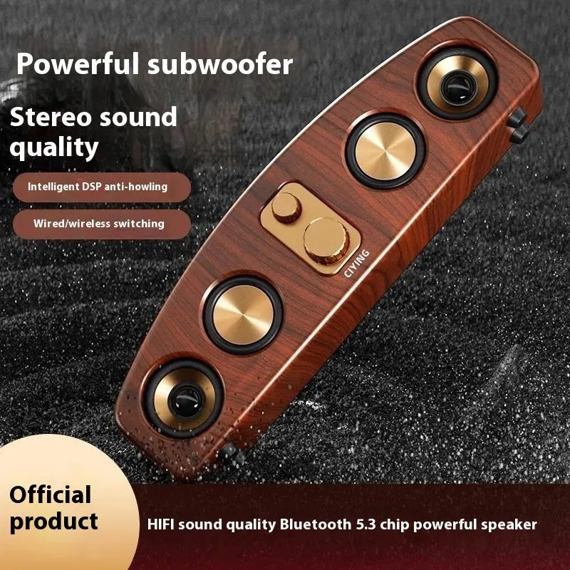 Retro portable Bluetooth speaker in wood grain finish with USB cable, for outdoor use
