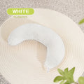 Blue U-shaped cat pillow with an integrated adjustable fabric collar on a grey blanket