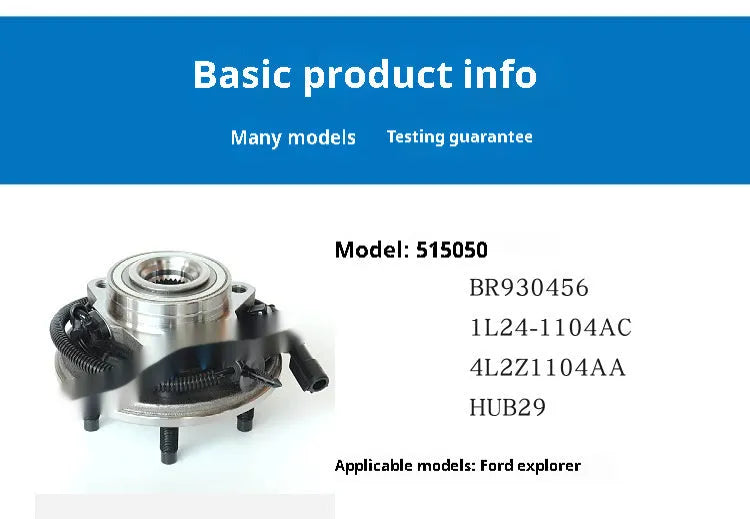 Black bearing steel wheel hub and bearing assembly for Ford Explorer replacement part on a plain background