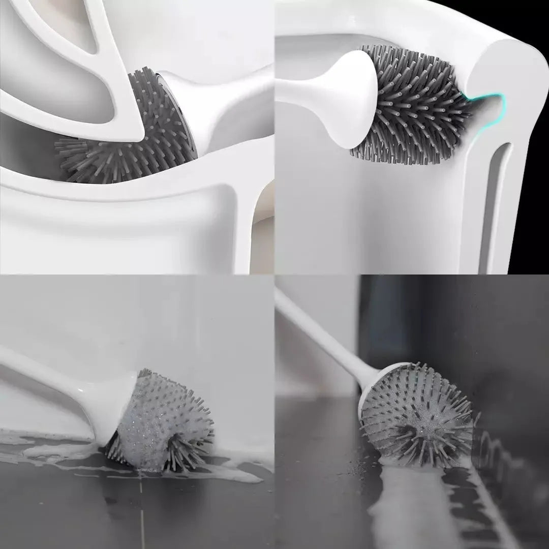 White wireless electric toilet brush with rotating head, ABS body, USB charging base, and PP brush on a bathroom floor
