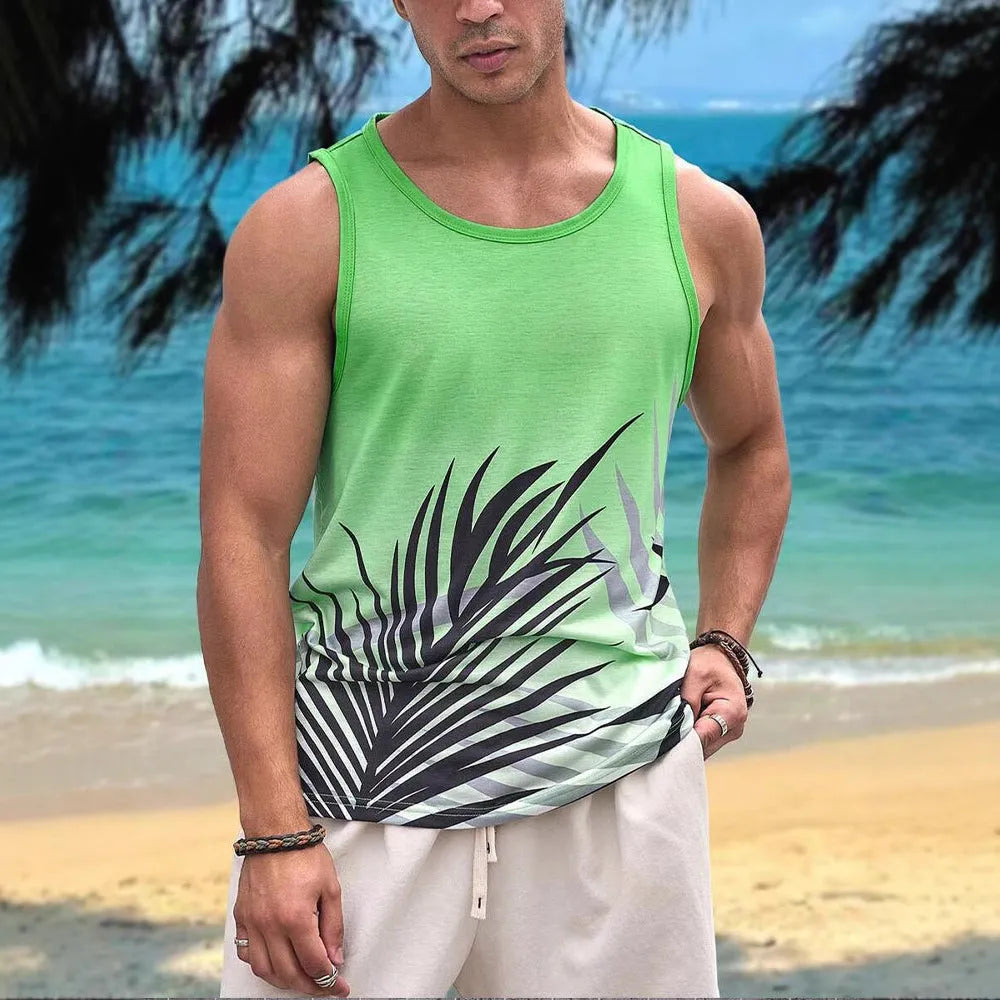 Men's solid colour Hawaiian style 3D printed sleeveless vest t-shirt in polyester fabric