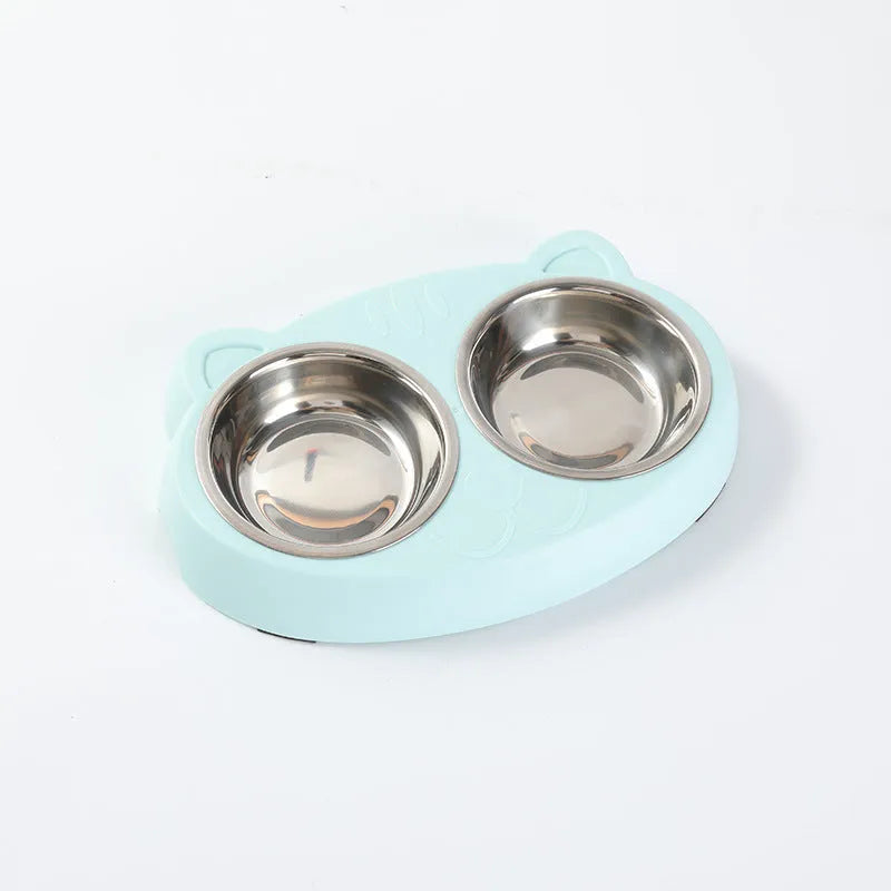Blue plastic pet feeding tray with double bowl design and four compartments for cat or dog food and water