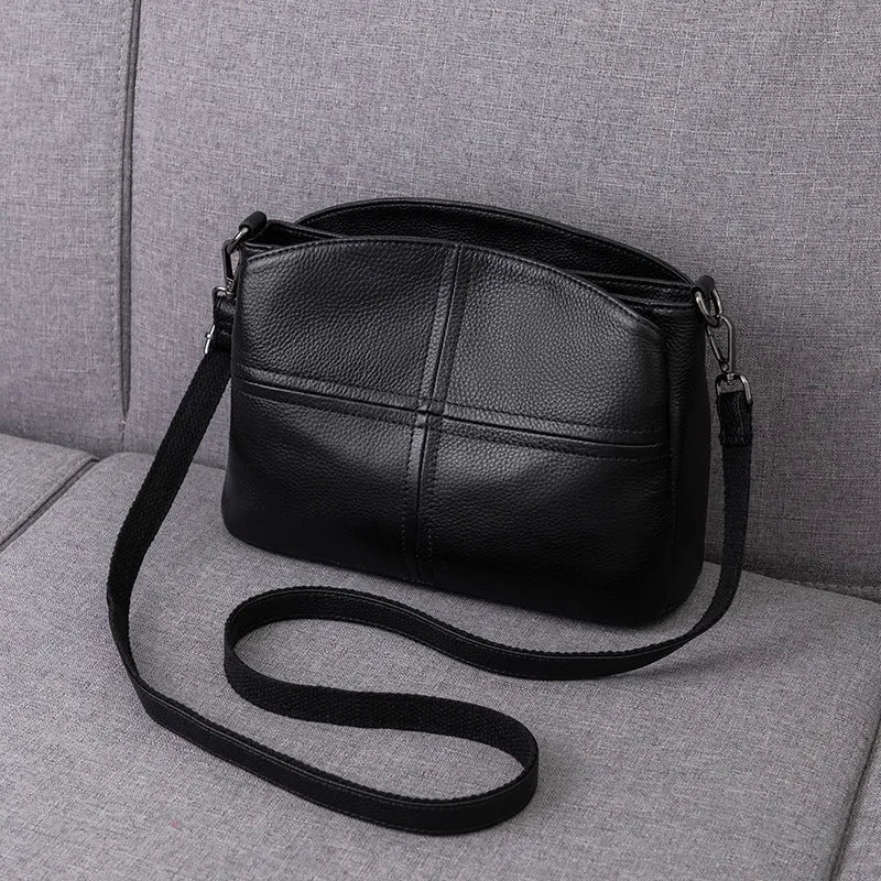 Women's genuine leather crossbody handbag in pure cowhide with plaid pattern, simple urban style, horizontal square shape