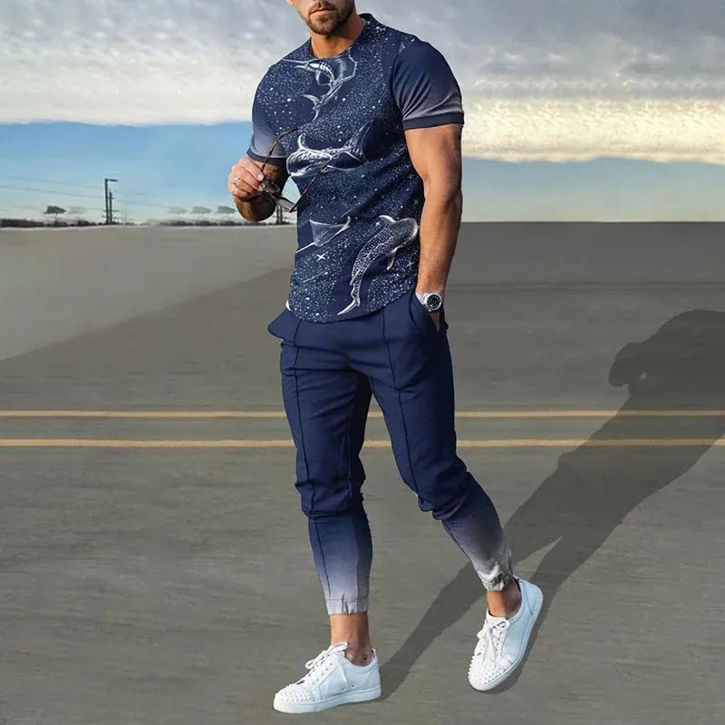 Man wearing a printed short-sleeve pullover and matching trousers from a thin polyester sports suit set.