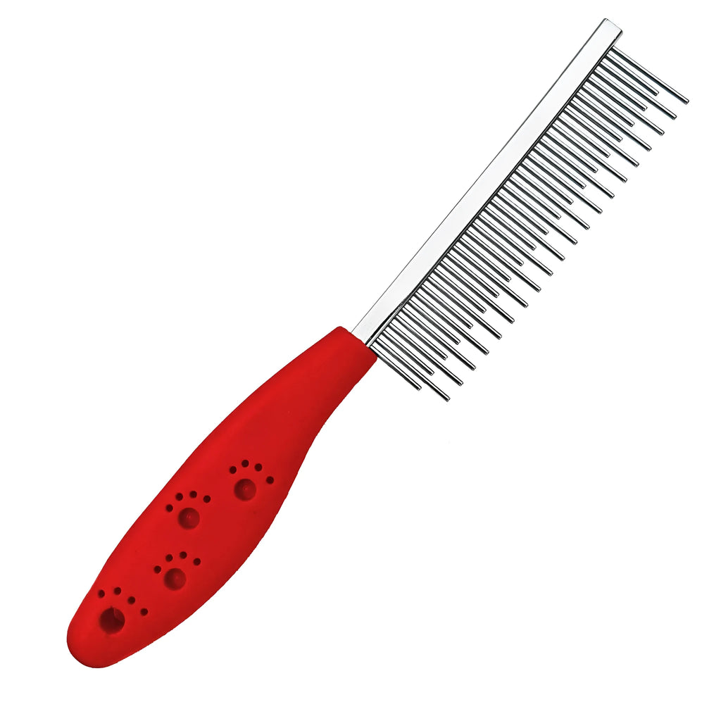 Red pet grooming comb with stainless steel pins, showing both long and short teeth on a plastic handle.
