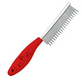 Red pet grooming comb with stainless steel pins, showing both long and short teeth on a plastic handle.