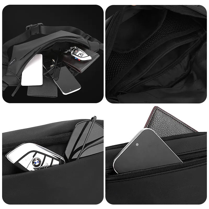 Outdoor casual waterproof nylon crossbody shoulder bag for men in black solid colour sewing line detail