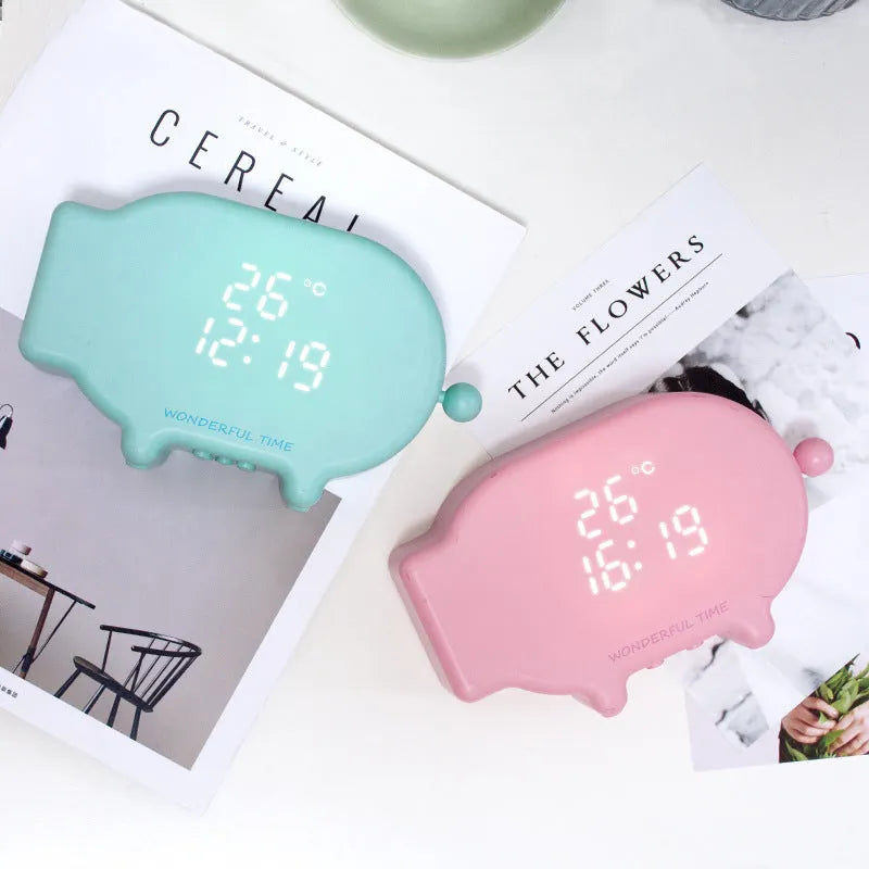Blue and pink multifunctional LED alarm clock with temperature display and USB charging port