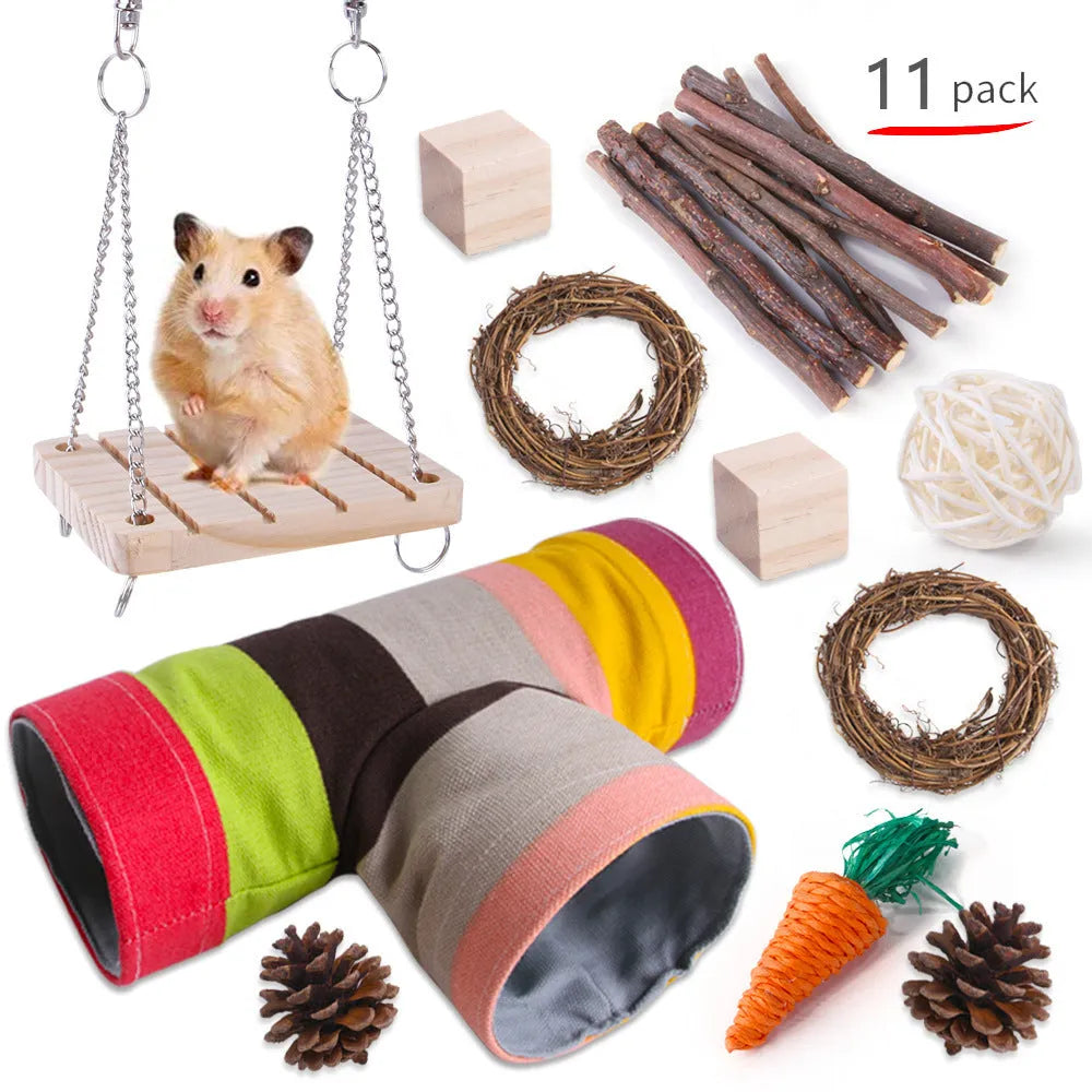 Assortment of natural wooden and woven chew toys for small pets like rabbits and parrots.