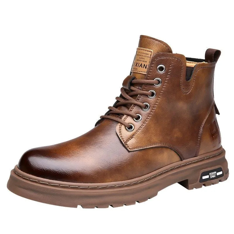 British Martin men's boots with thick rubber sole, front lace-up, round toe, black colour