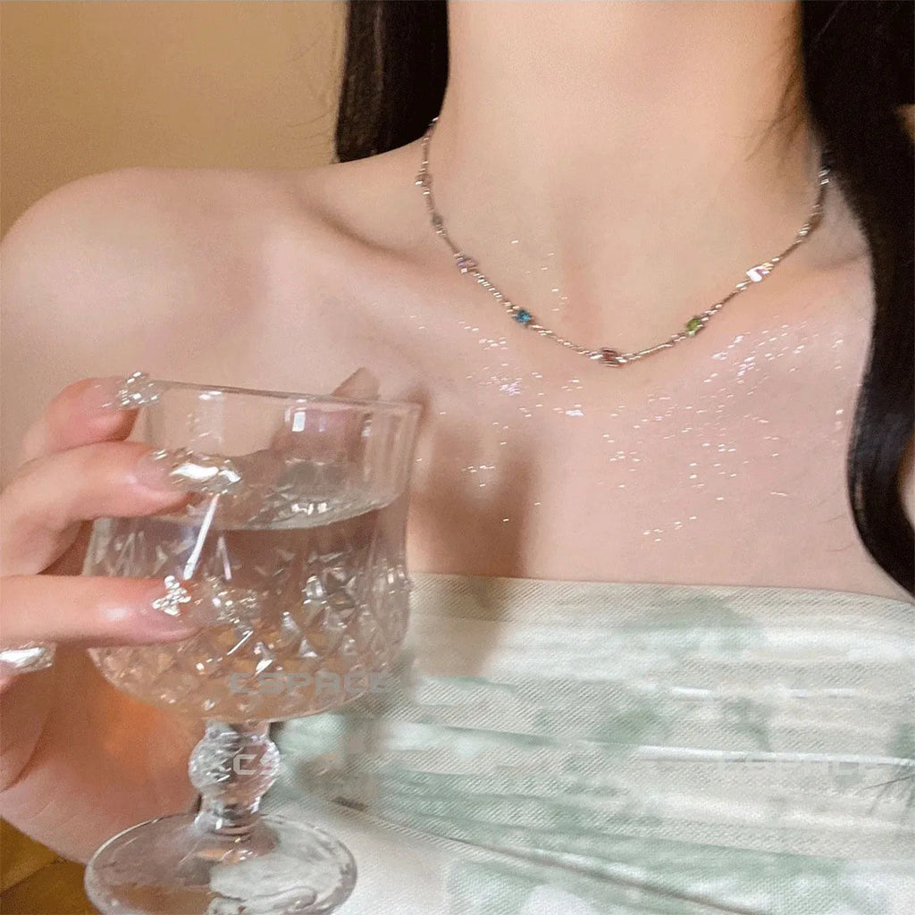 Square colour artificial crystal clavicle necklace with geometric design in gold finish