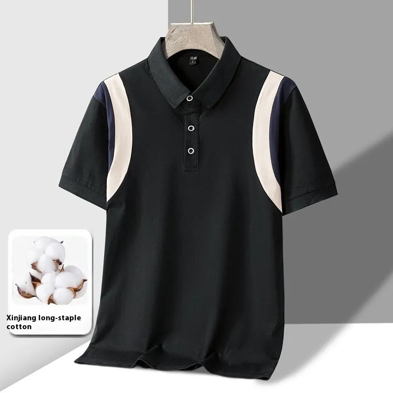 Men's gray cotton lapel T-shirt on a hanger, showing V-neck and short sleeves.