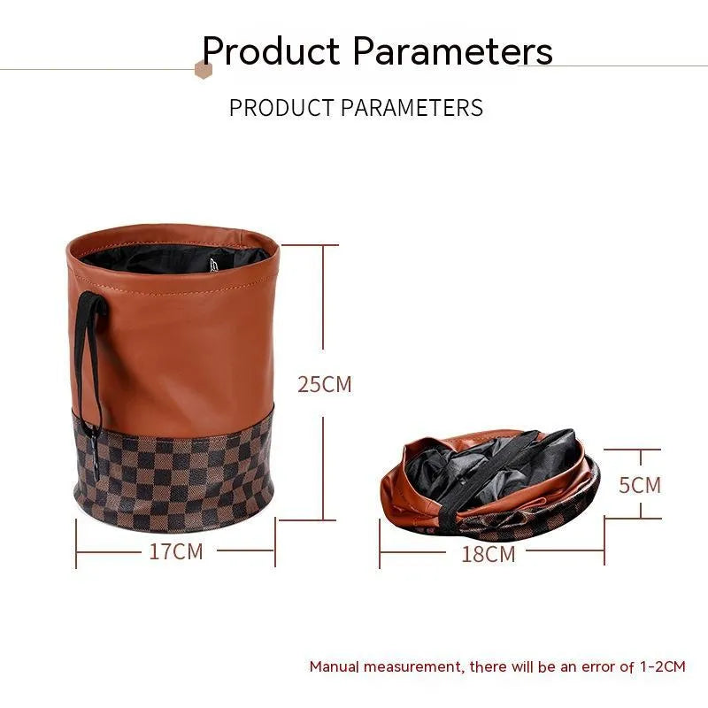 Tan retractable leather car trash can with handle in expanded position