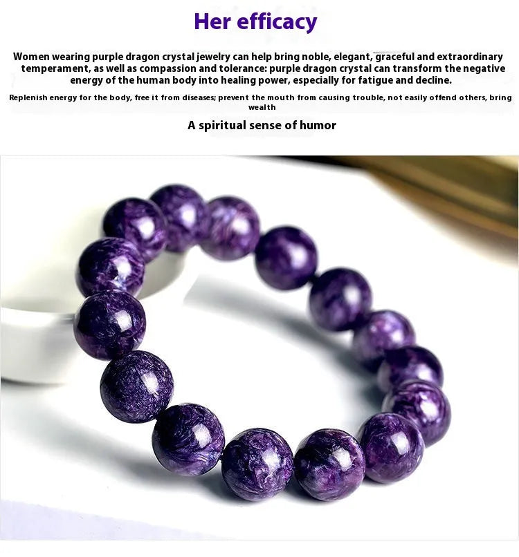 Natural transparent charoite crystal bracelet with platinum clasp, showing different bead size options.