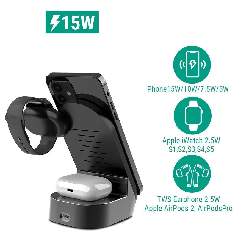 Black grey foldable 3-in-1 wireless charging stand with phone upright