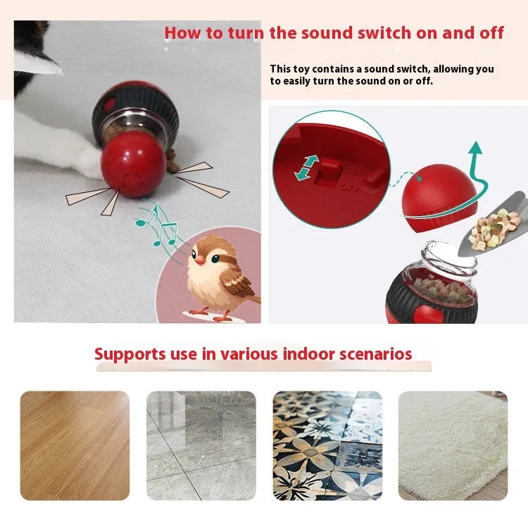 Rotating plastic cat toy with food dropping ball and sound features in super ball colour scheme