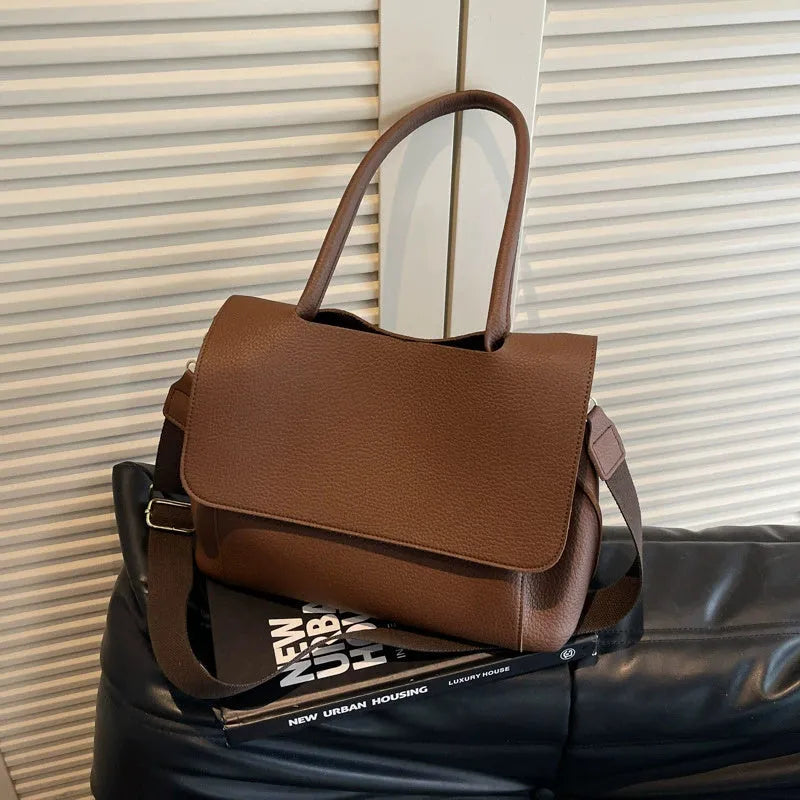 Vintage casual PU leather tote bag in horizontal square shape with double shoulder straps