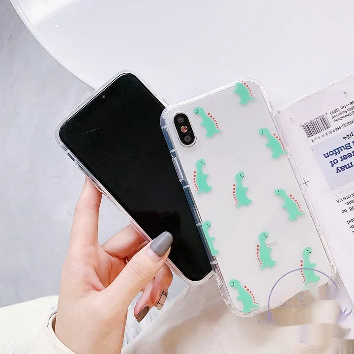 Cute cartoon little dinosaur silicone TPU phone case, drop-resistant back cover for iPhone, green colour with air cushion shell