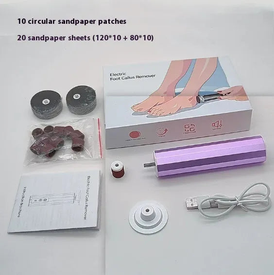 Electric foot callus remover with sandpaper discs in black, pink or purple colour with USB charging cable