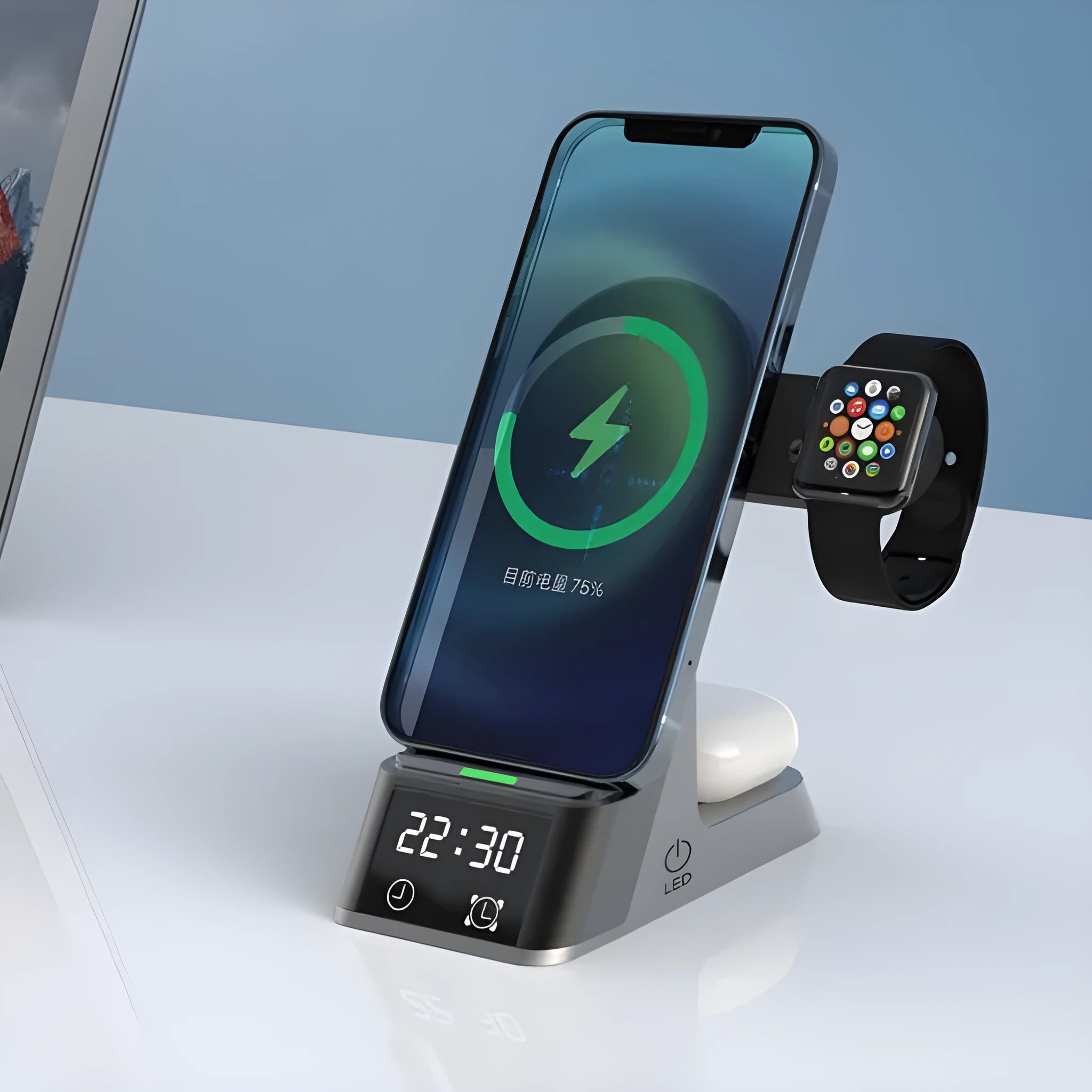 Black six-in-one wireless charging alarm clock station with digital display charging smartphone and Apple Watch
