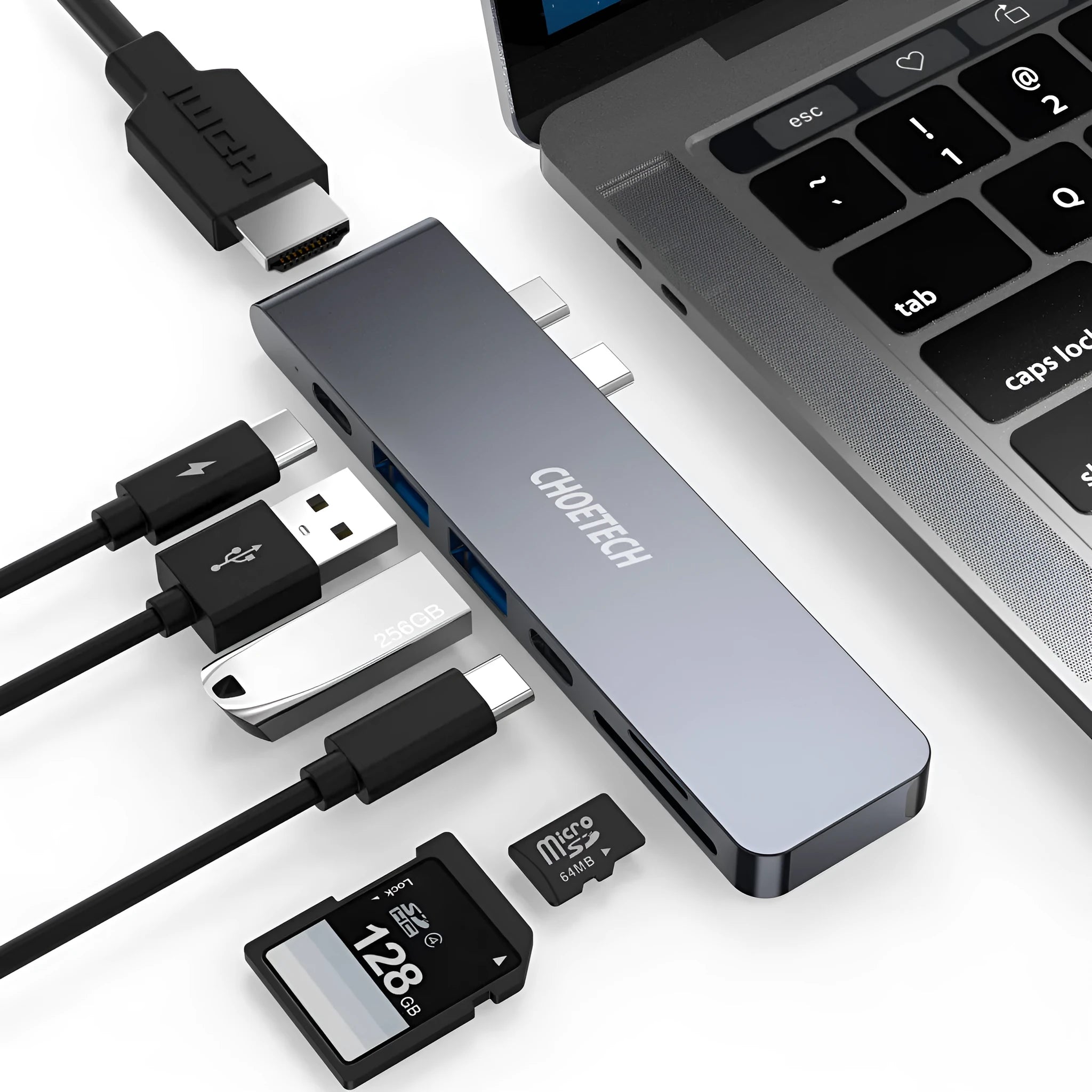 Aluminium USB-C multiport adapter with SD card reader showing seven connectivity ports