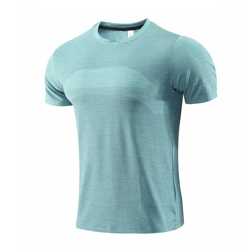 Short-sleeved red polyester spandex sports T-shirt for running and basketball.