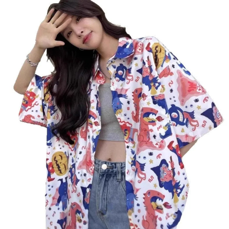 Women's summer retro full printed short-sleeved shirt in loose fit polyester, available in multiple sizes