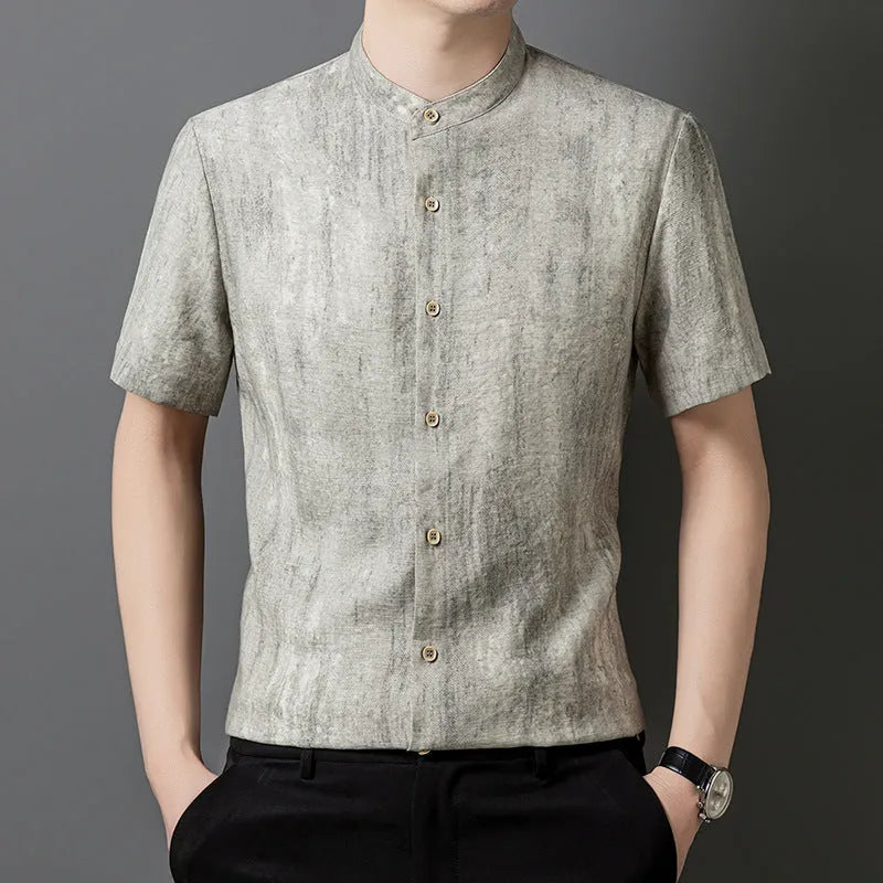 Men's loose linen cardigan shirt with stand collar in chemical fibre blend fabric
