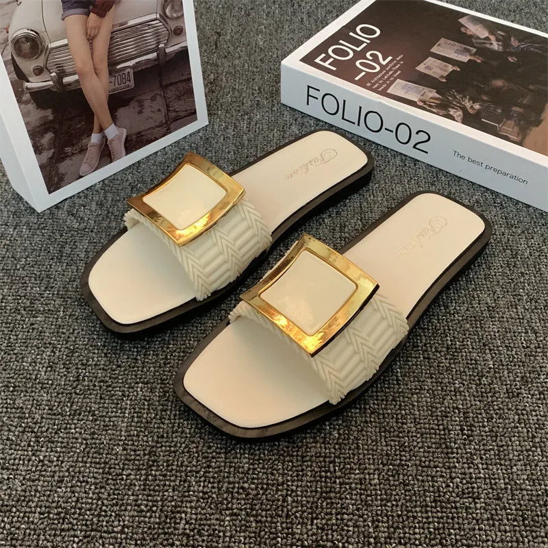 Women's flat summer slippers in apricot, black, or khaki with lightweight PVC soles.