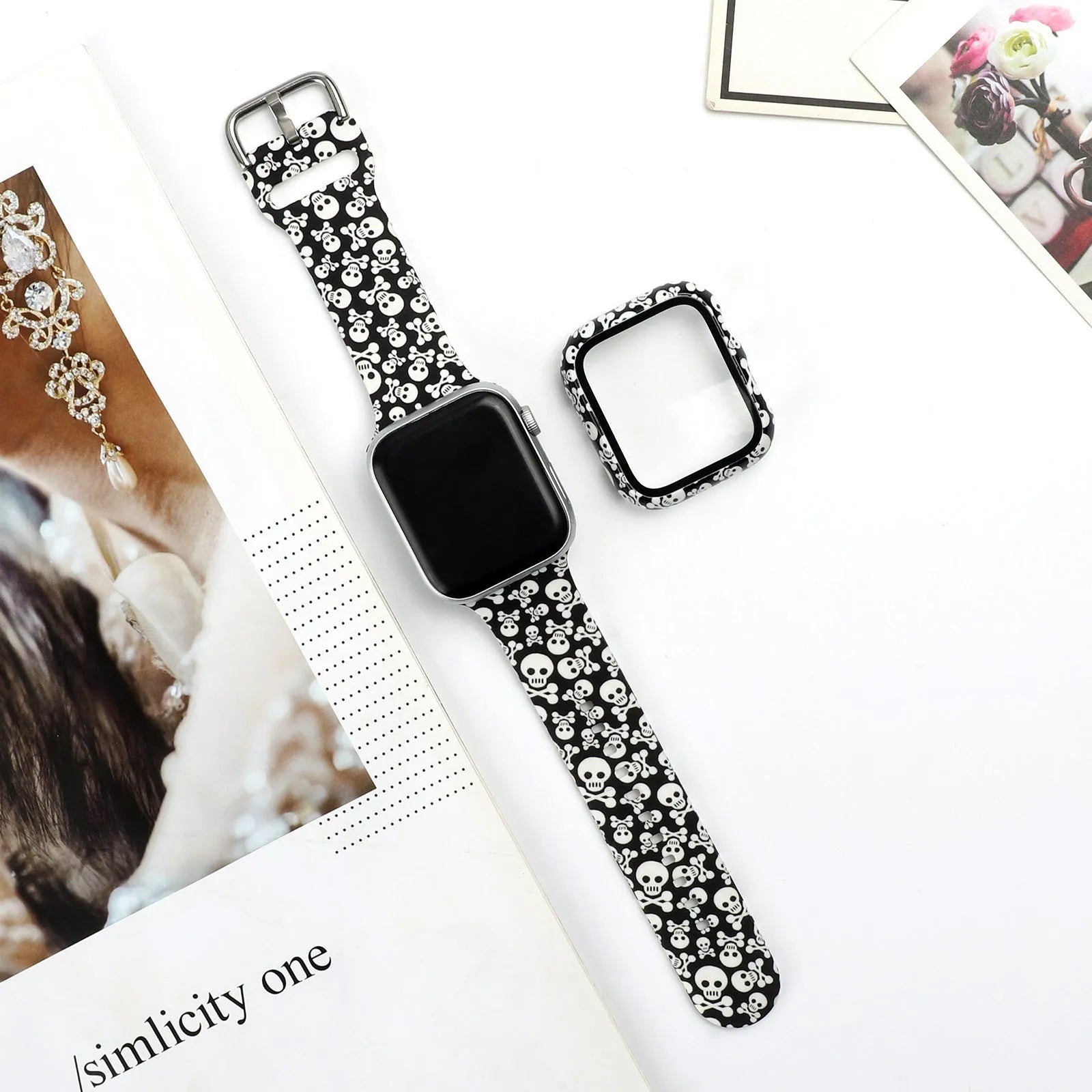 Printed silicone strap for Apple Watch showing design options and size variations
