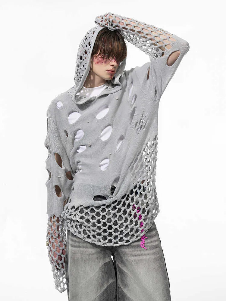 Men's black hooded sweater with pearl decorative detail on hood
