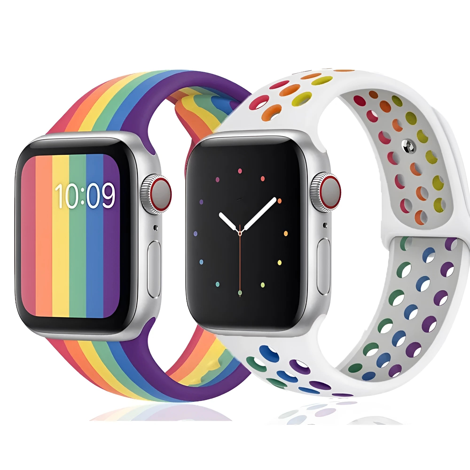 Silicone sports wristband with buckle closure in black, rainbow, or white colours