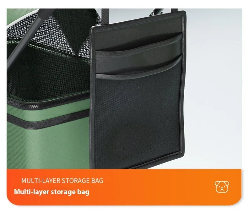 Black Warrior style one-click folding metal pet cart shown in use and folded compactly.