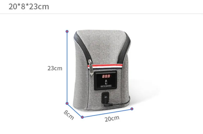 Grey Oxford cloth portable baby bottle warmer with car charger and electronic temperature display
