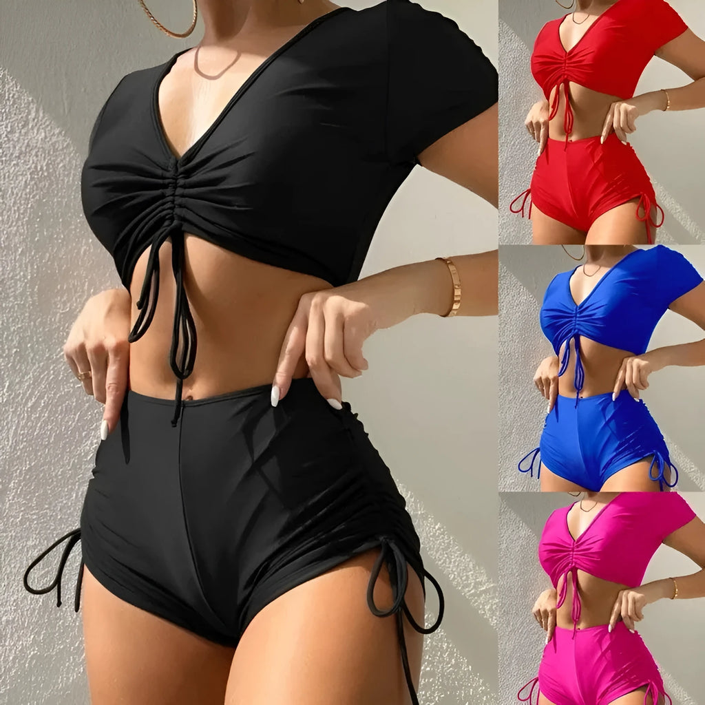 Women's lace-up bow two-piece swimsuit in dark green with separate top and shorts