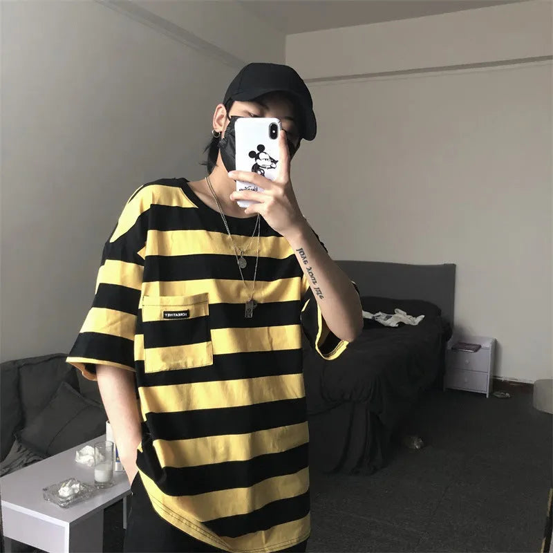 Striped short sleeve t-shirt in blue, polyester fiber, casual crew neck style