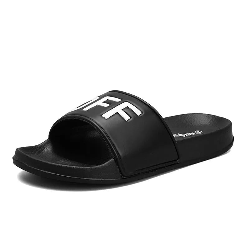 Large size men's open-toe slippers with rubber sole, shown in black and white colour options.