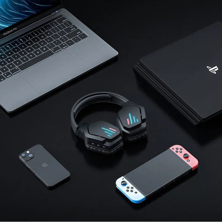 Luminous black wireless headphones with head-mounted design and noise reduction