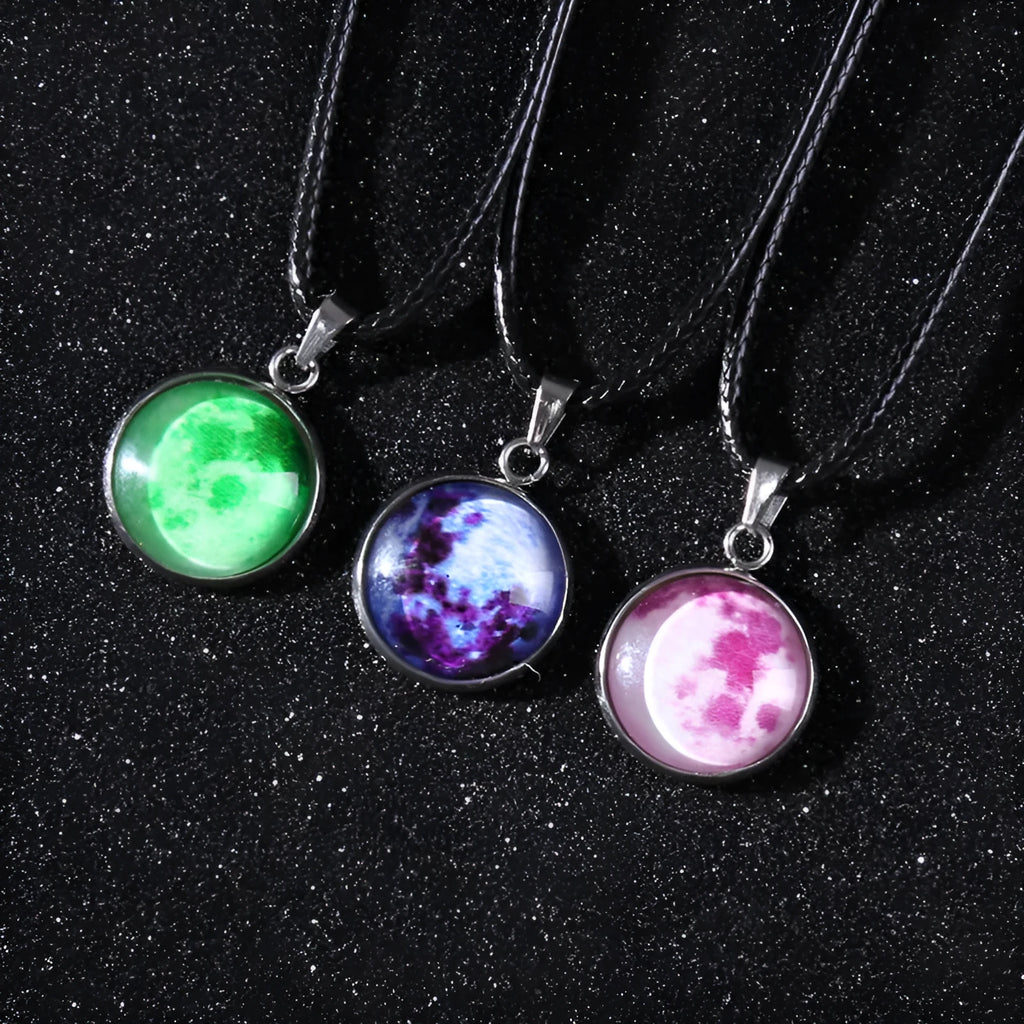 Luminous alloy pendant necklace with glass and coloured glaze Christmas moon night sky constellation design