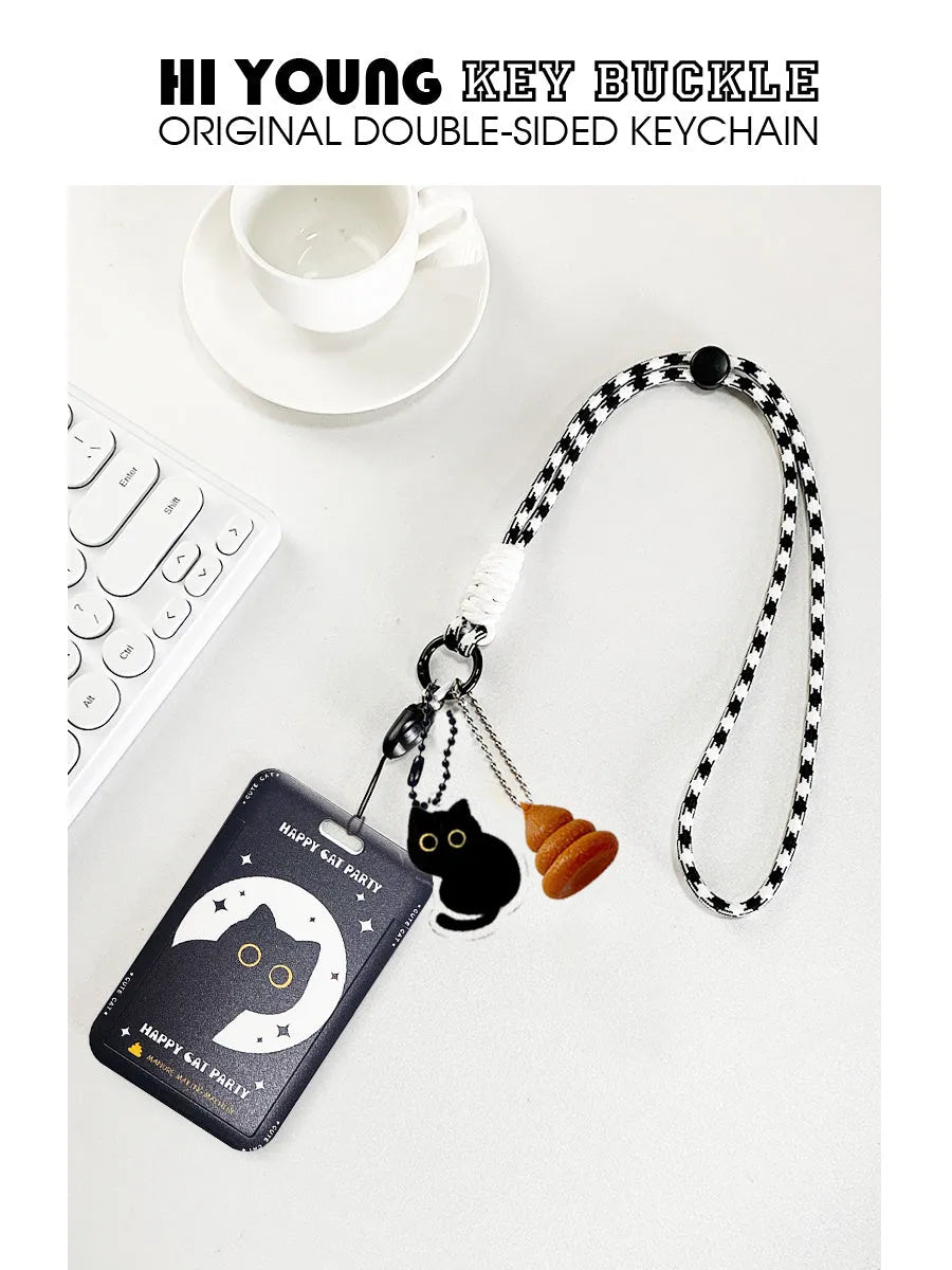 Plastic card holder with cartoon black cat design and a metal ferrule pendant attached.