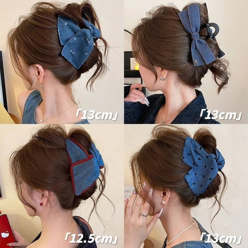 Love Denim Bow Triangle Grip Hair Clip handmade fabric acrylic women's hairpin